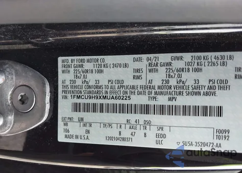 2021 Ford Escape Sel из США, поврежденный, VIN 1FMCU9H9XMUA60225